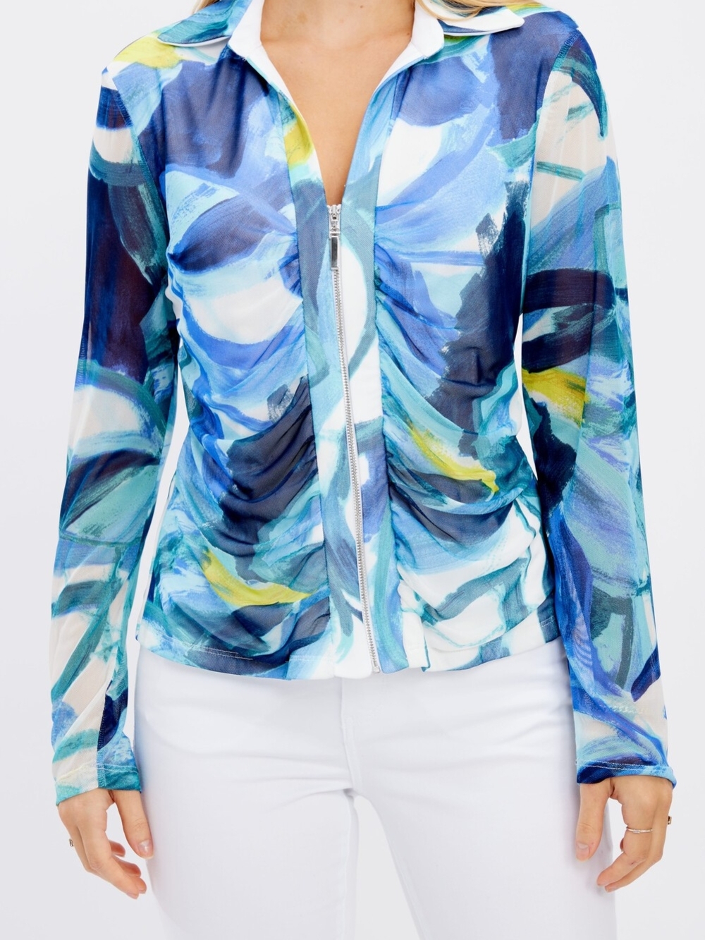 Frank Lyman Abstract Mesh Zip Front Top Ruched Blouse Blue White Size 6